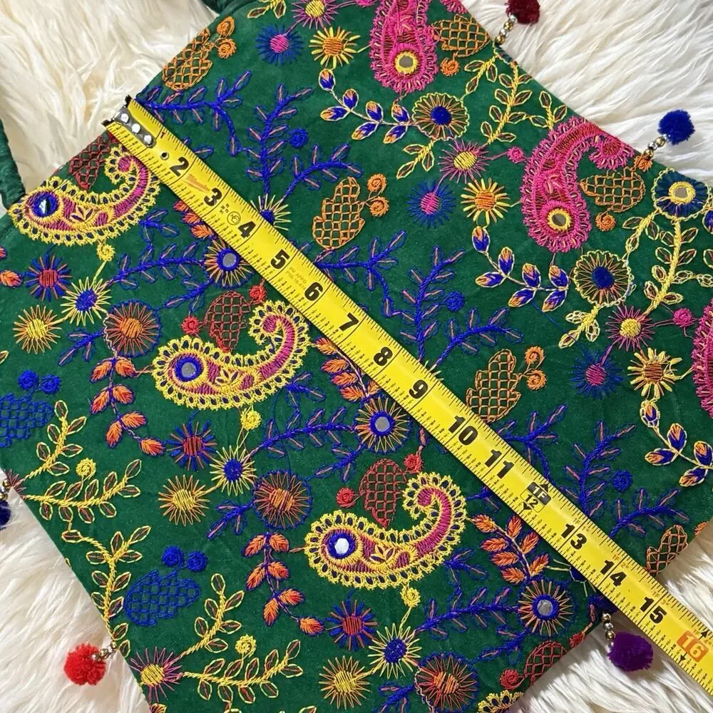 Artisan Boho Colorful Embroidered Silk Felted Floral Paisley Tote Shopping Bag